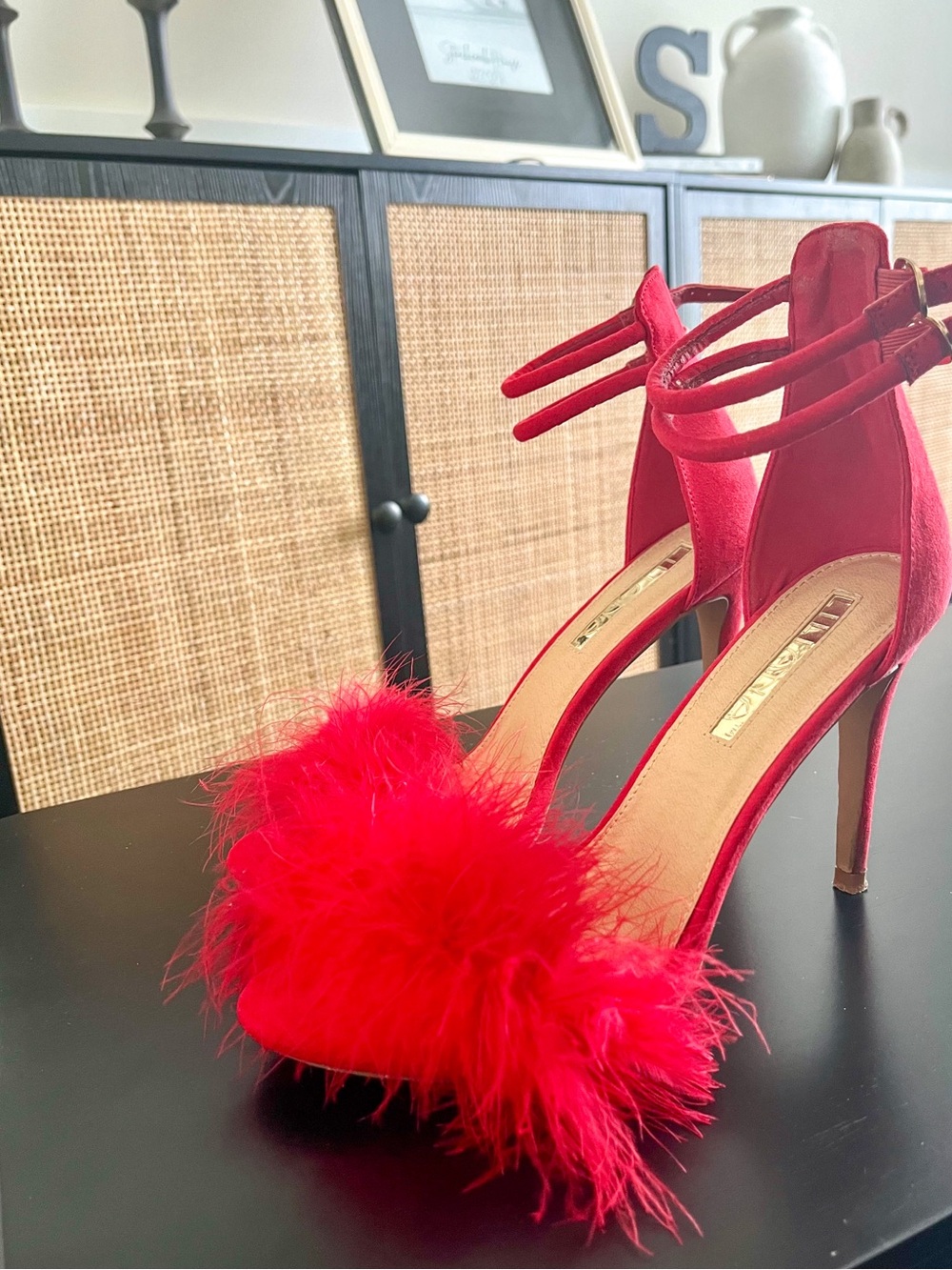 Red Feather-Trim 4 Inch High Heel Sandals